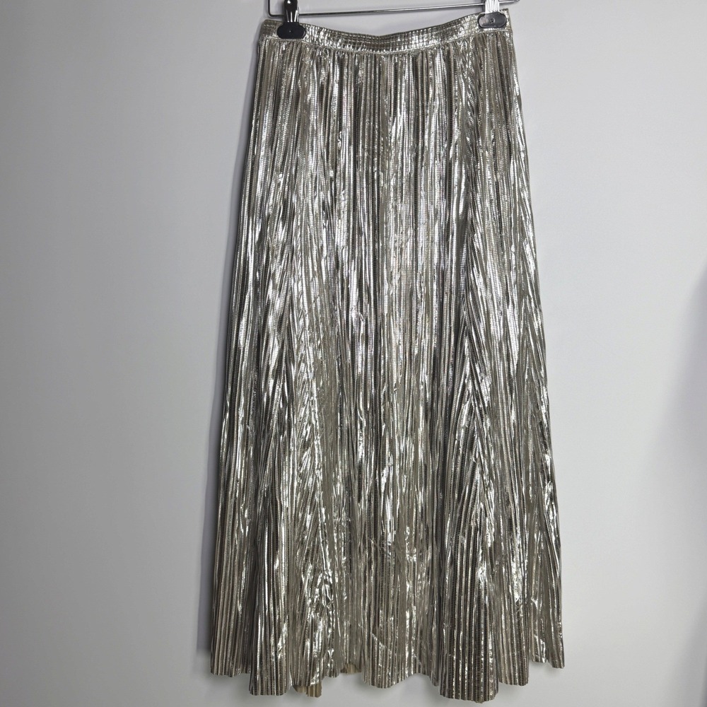 By Anthropologie Metallic Pleated Midi Skirt Silver XS OB2080543 Holiday Party - Picture 5 of 16